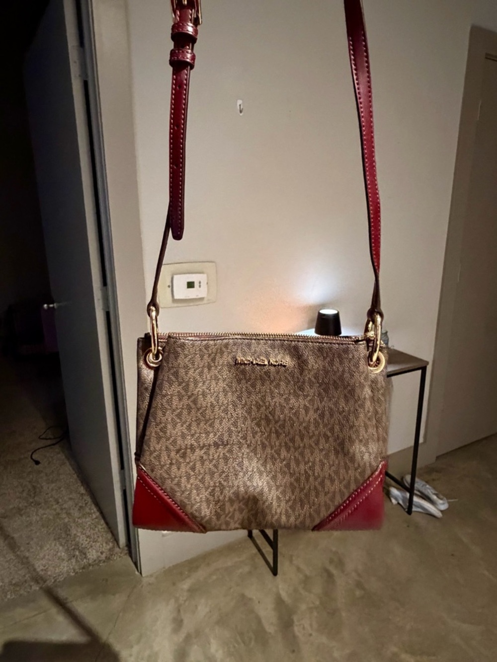 Michael Kors Brown Monogram Jet Set Logo Crossbody with Burgundy Accents - Picture 7 of 16